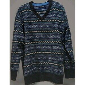 Nautica Men’s XL Fair Isle Sweater Blue Cotton Knit V-Neck Pullover Winter NWOT